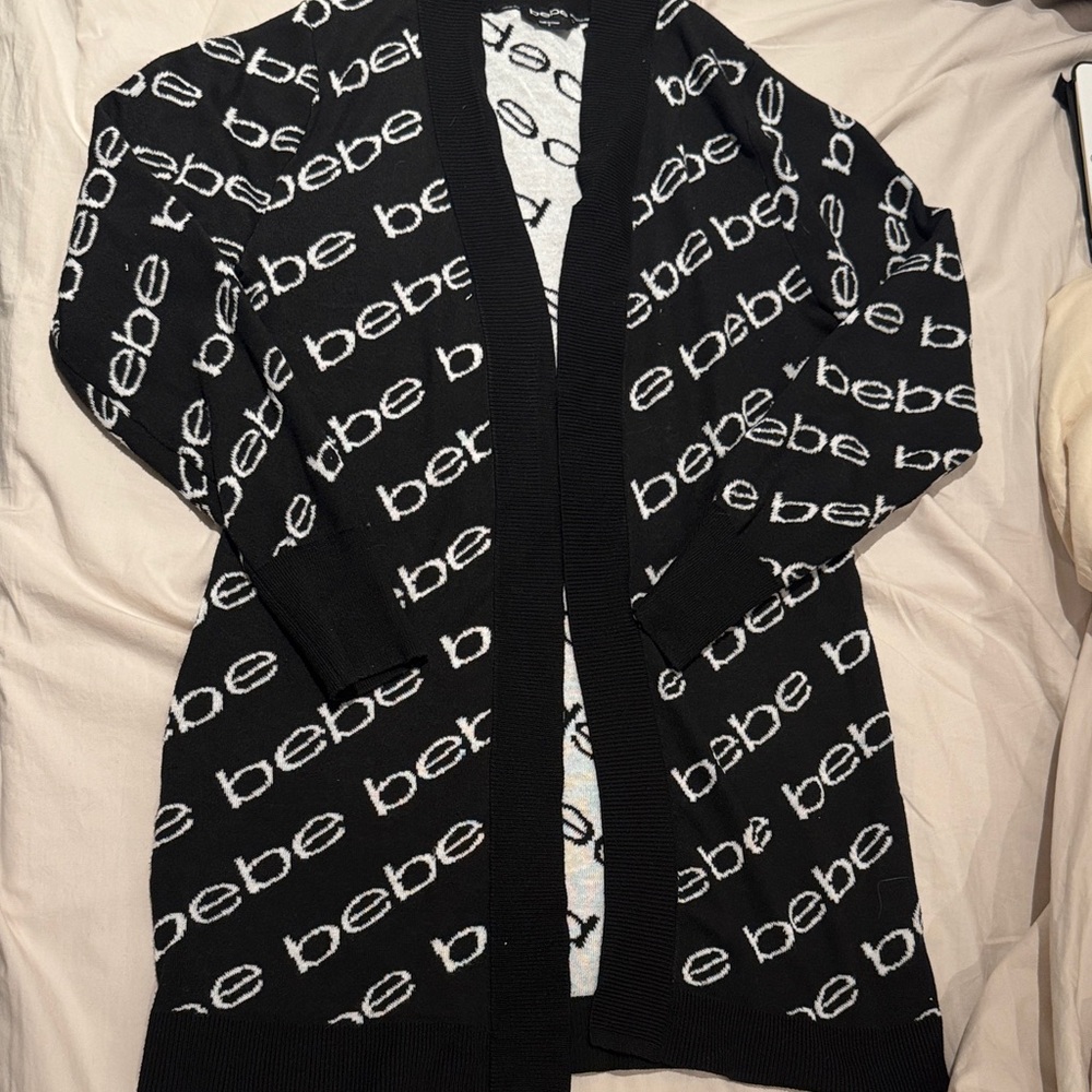 Y2K Bebe Black and White all over Logo Cardigan long sleeve open front cozy knit